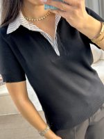 Μπλούζα polo με λεπτή πλέξη μαύρη - Image 2